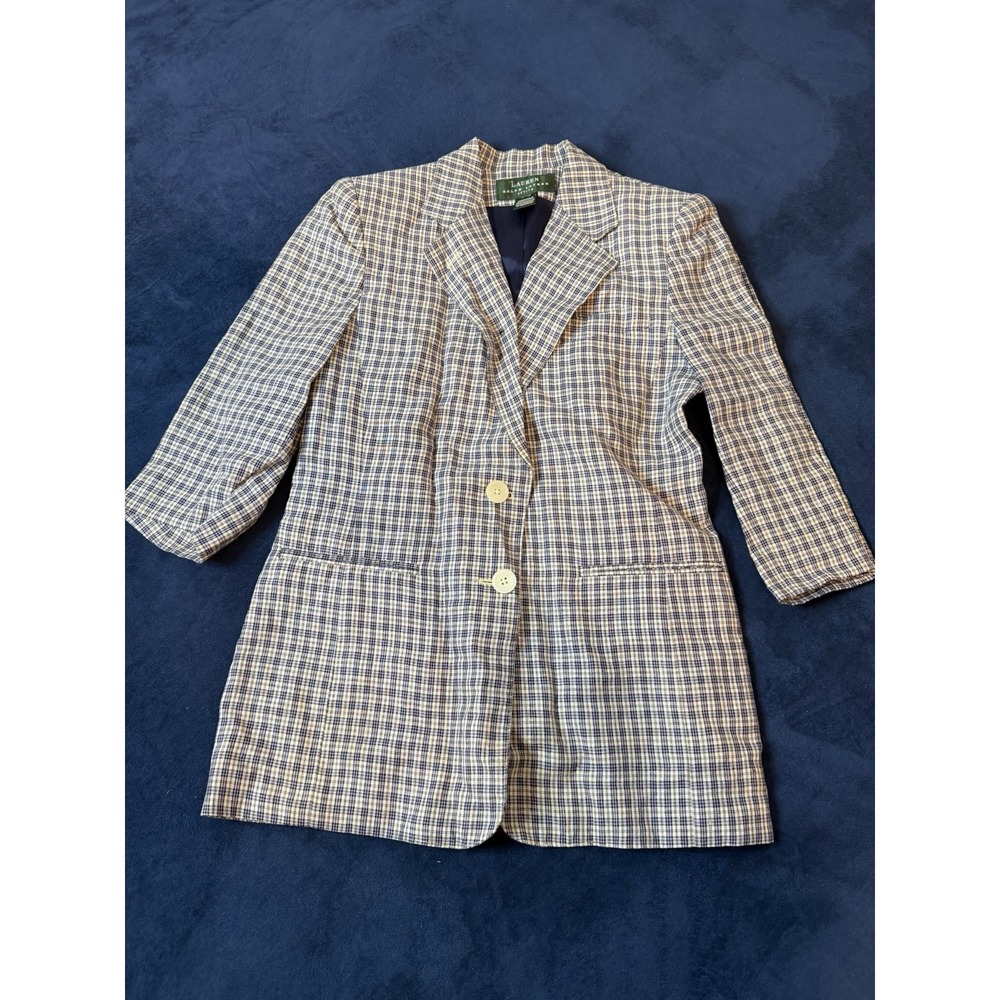 Lauren Ralph Lauren Womens Plaid Linen Blazer Jacket Blue Ivory Pockets 8P